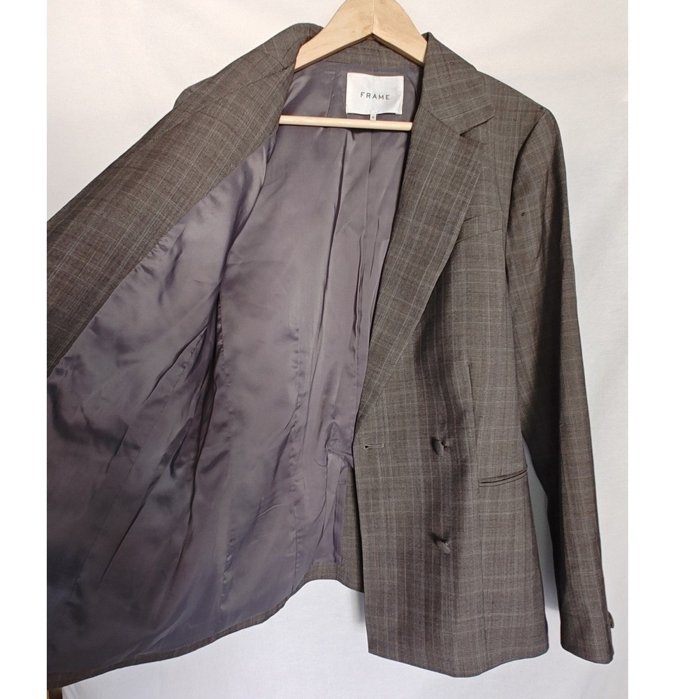 FRAME Blazer Double Breasted Wool Gray Tan Plaid Size 10 Relaxed Fit - Picture 4 of 14